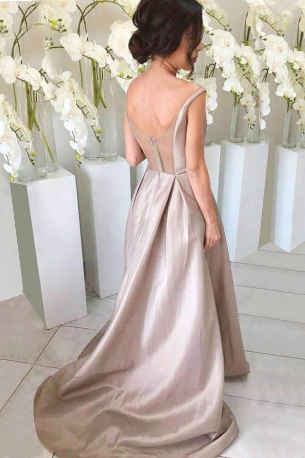 Silver Simple A-line V-neck High Low Sweep Train Bridesmaid Dresses