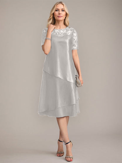 A-Linie, U-Ausschnitt, knielanges Kleid für die Brautmutter mit Applikationen und Pailletten 