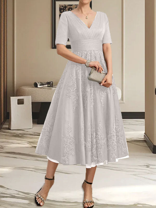 A-Linie V-Ausschnitt Wadenlanges Tüll-Spitzenkleid für die Brautmutter mit Plissee