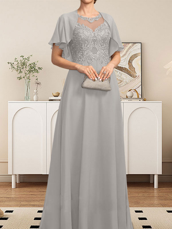 A-Linie, U-Ausschnitt, Illusion, bodenlanges Spitzen-Chiffon-Kleid für die Brautmutter mit Pailletten