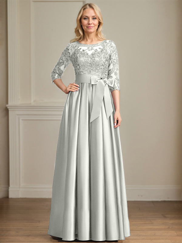 A-Linie, U-Ausschnitt, Illusion, bodenlanges Satin-Spitzenkleid für die Brautmutter mit Paillettenschleife 