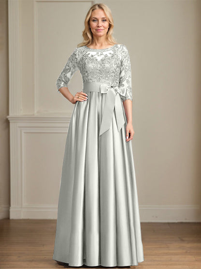 A-Linie, U-Ausschnitt, Illusion, bodenlanges Satin-Spitzenkleid für die Brautmutter mit Paillettenschleife 