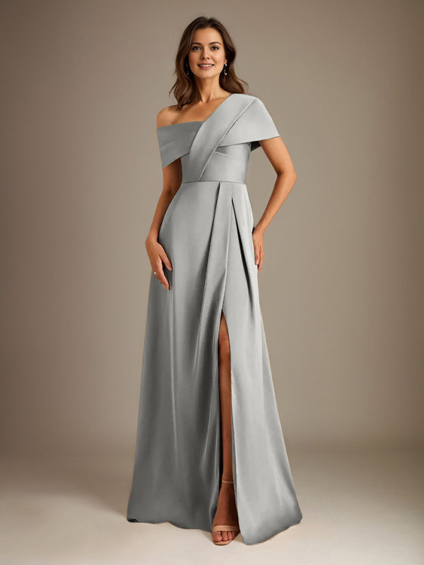 Robe de mère de la mariée en satin, longueur au sol, encolure asymétrique en ligne A avec plis