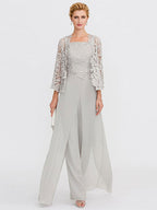 3 Piece Chiffon Square Neck Mother of the Bride Pantsuits with Jacket