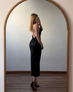 Vestido de Festa Preto Simples com Alças Finas de Cetim, Sem Mangas e Costas Descobertas