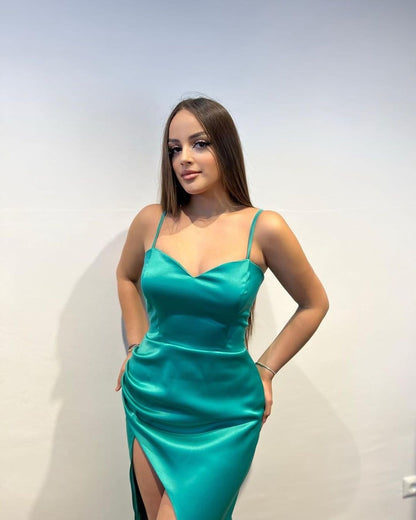 Simple Long Mermaid Spaghetti Straps V-neck Sleeveless Prom Dress With Slit