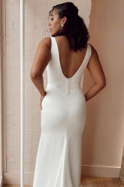 Vestidos de Noiva Simples Longos Brancos em Cetim com Corte Sereia e Sem Mangas com Fenda