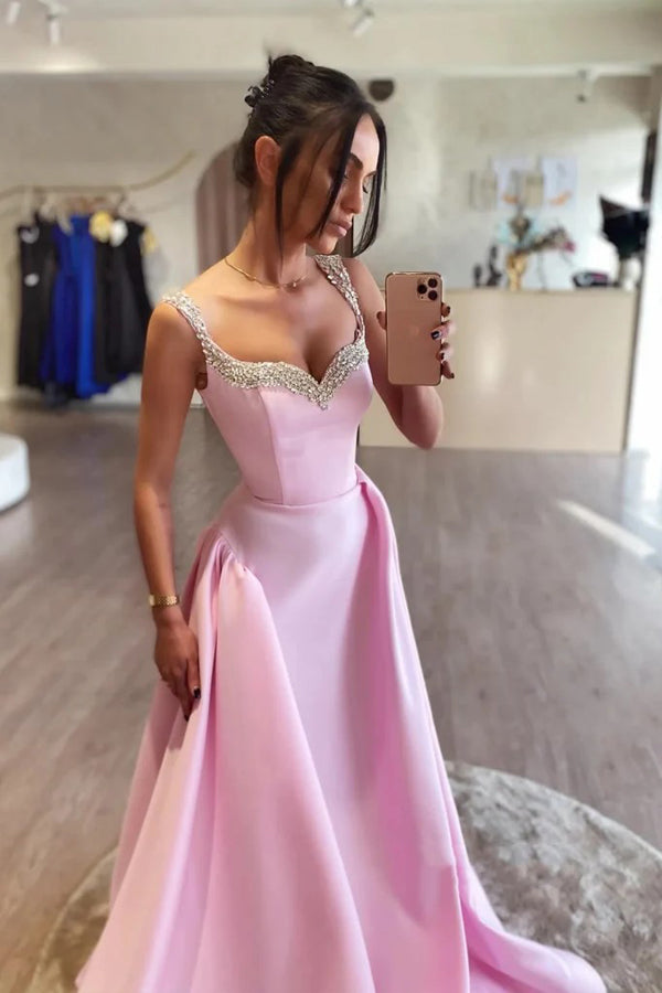 Vestidos de fiesta largos de satén rosa con corte A y cuentas