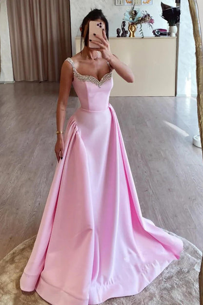Vestidos de fiesta largos de satén rosa con corte A y cuentas