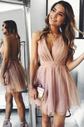 Simple Blush A-line Halter Backless Homecoming Dresses, Short Party Dresses