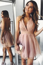 Simple Blush A-line Halter Backless Homecoming Dresses, Short Party Dresses