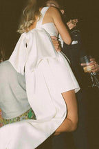 Simple Bridal Gown Ivory Satin Short Wedding Dress with Bow Back