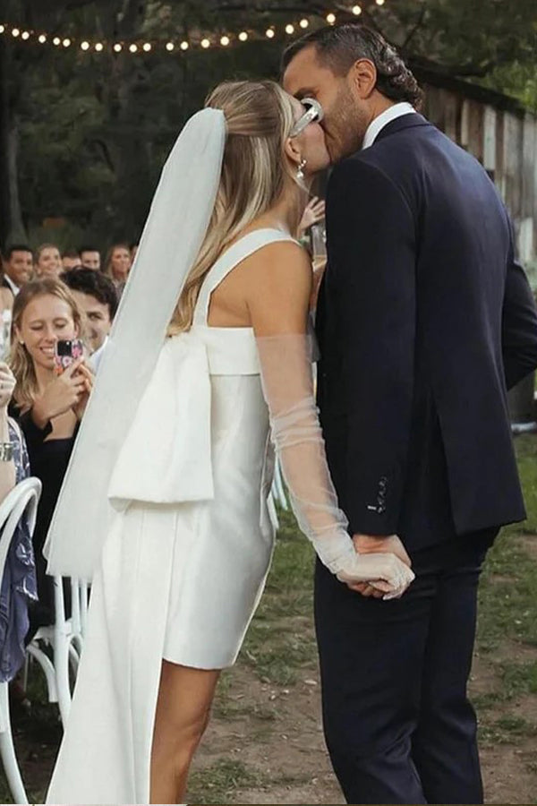 Simple Bridal Gown Ivory Satin Short Wedding Dress with Bow Back