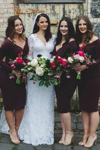 Simple Chiffon Sheath V-neck Long Sleeves Short Bridesmaid Dresses