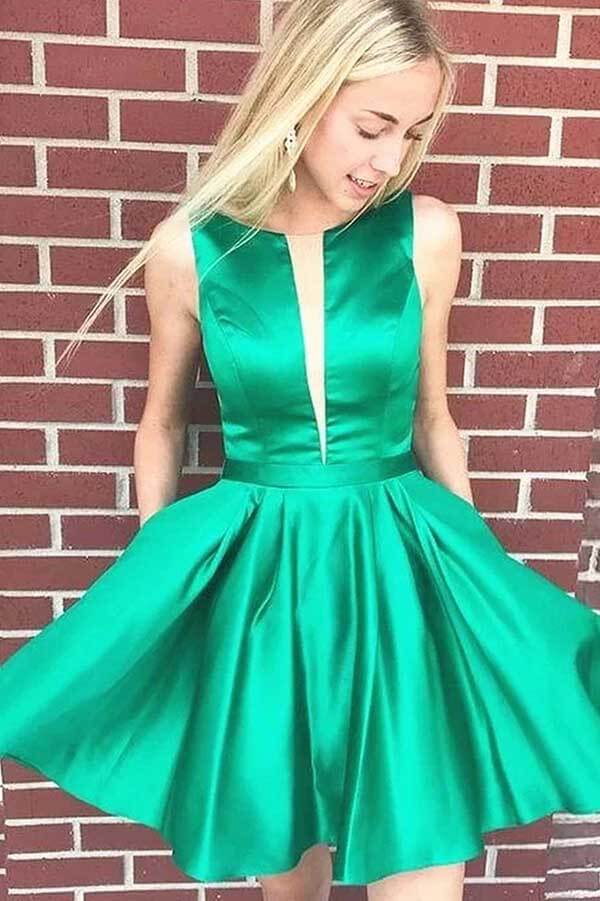 Simple Green A-line Cheap Homecoming Dresses, Junior Homecoming Dress