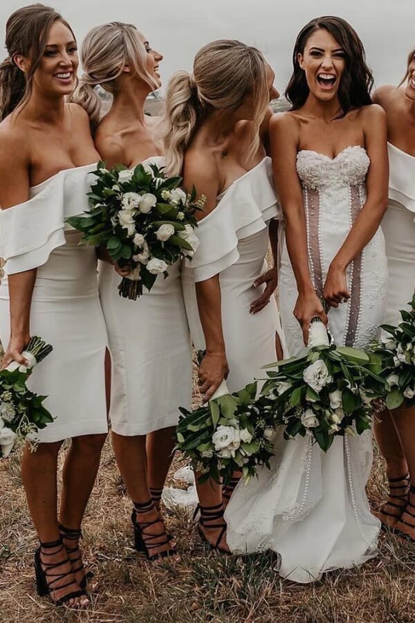 Simple Ivory Satin Off-the-Shoulder Sheath Short Bridesmaid Dresses