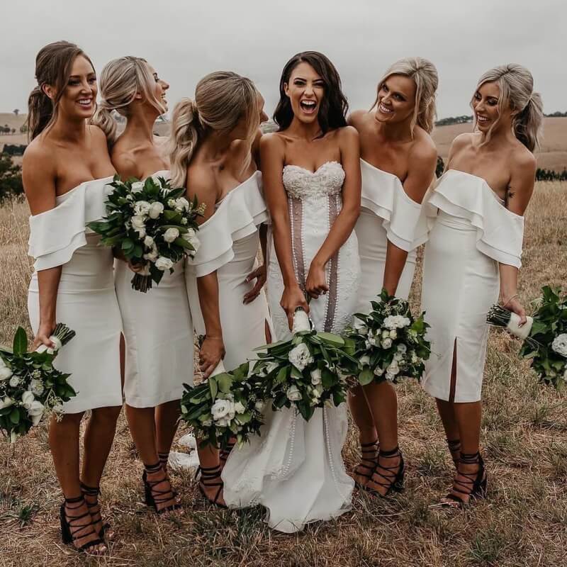 Simple Ivory Satin Off-the-Shoulder Sheath Short Bridesmaid Dresses