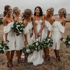 Simple Ivory Satin Off-the-Shoulder Sheath Short Bridesmaid Dresses