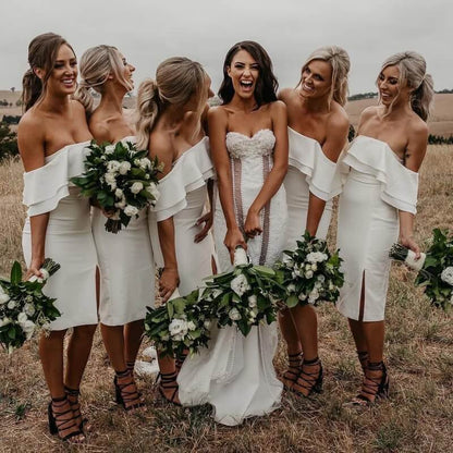 Simple Ivory Satin Off-the-Shoulder Sheath Short Bridesmaid Dresses