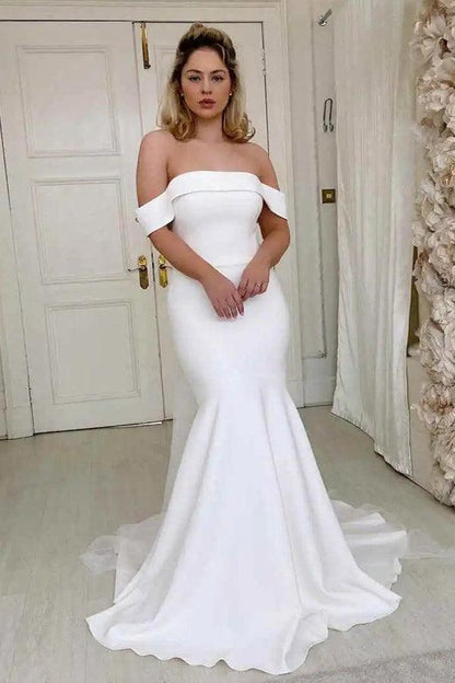 Simple Mermaid Off The Shoulder Ivory Satin Wedding Dress