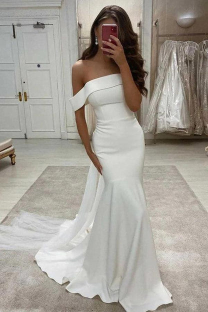 Simple Mermaid Off The Shoulder Ivory Satin Wedding Dress