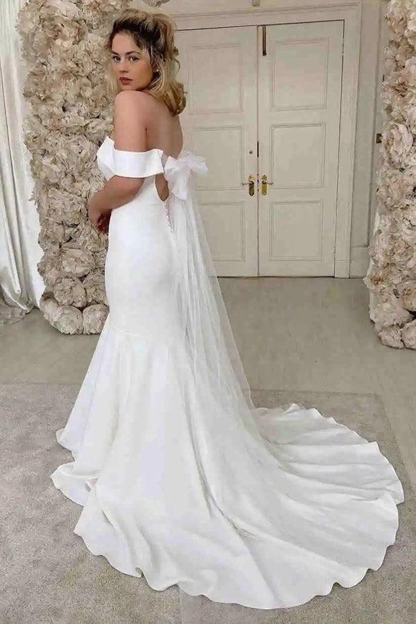 Robe de mariée simple sirène en satin ivoire à épaules dénudées