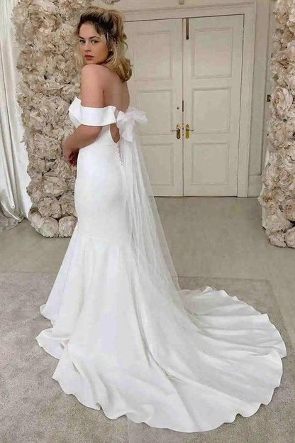 Simple Mermaid Off The Shoulder Ivory Satin Wedding Dress