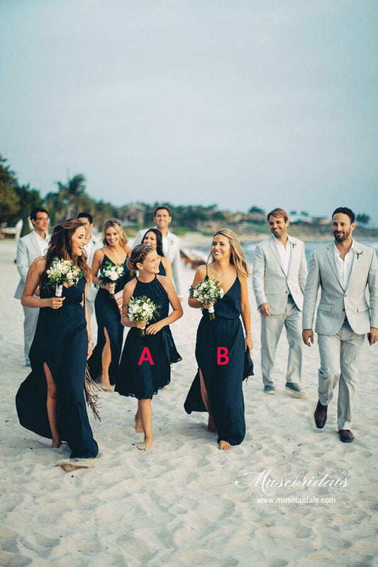 Simple Navy Chiffon A-line Spaghetti Straps Bridesmaid Dresses With Slit