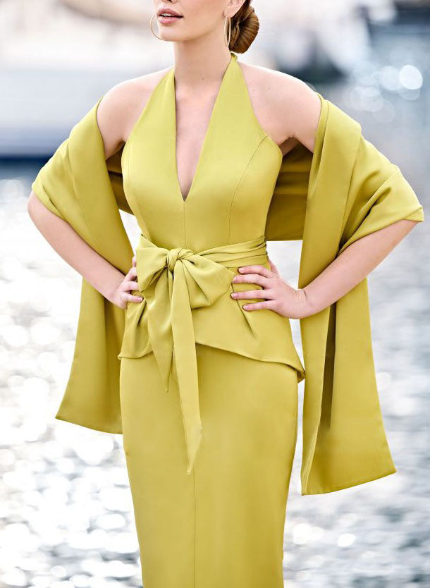 Tea Length Halter Mother Of The Bride Dress Bow Knot