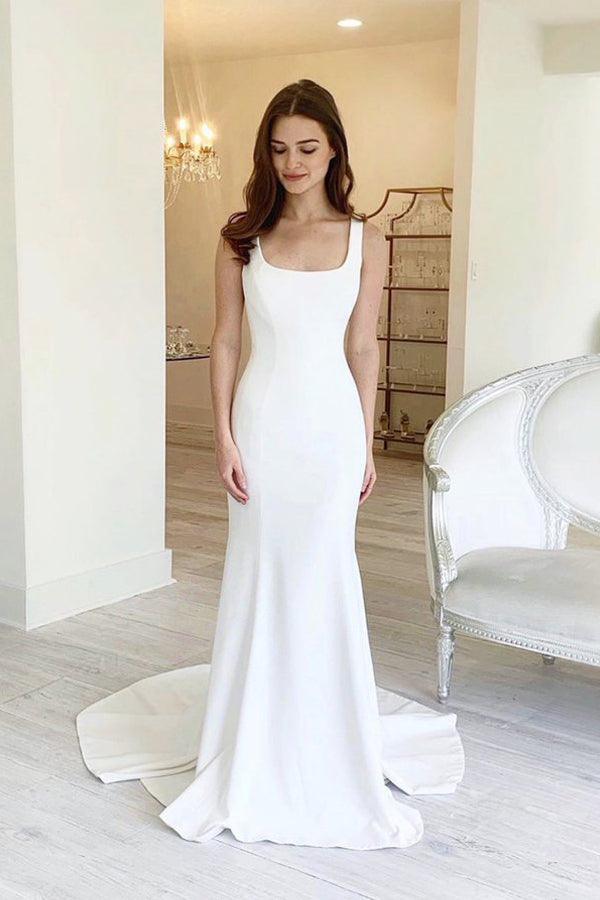 Robe de mariée simple à fourreau, col carré, longue et dos nu