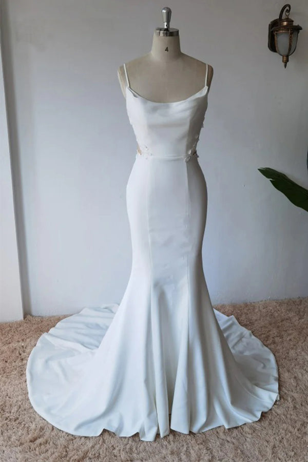 Robe de mariée modeste sirène en satin avec fines bretelles spaghetti simples