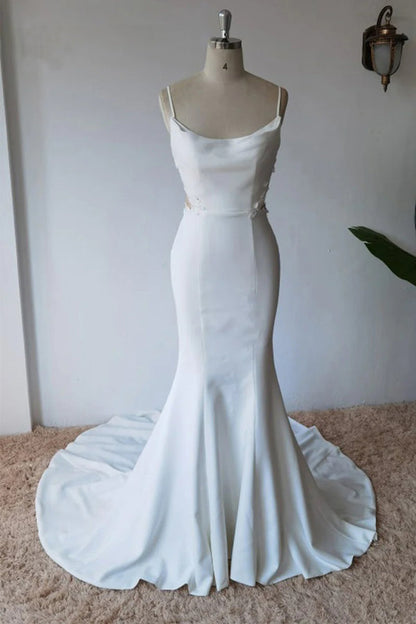 Schlichtes, schlichtes Meerjungfrau-Brautkleid aus Satin mit Spaghettiträgern