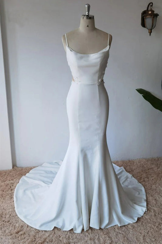 Simple Spaghetti Straps Satin Mermaid Modest Wedding Dress
