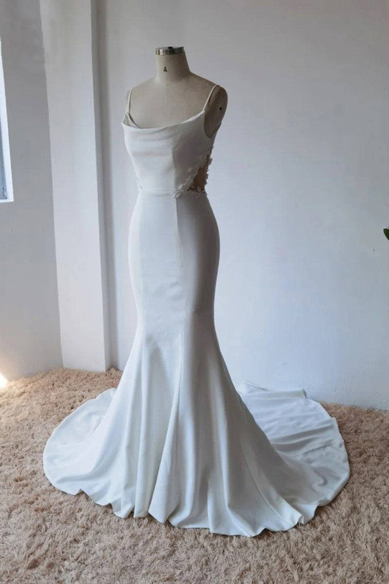 Robe de mariée modeste sirène en satin avec fines bretelles spaghetti simples
