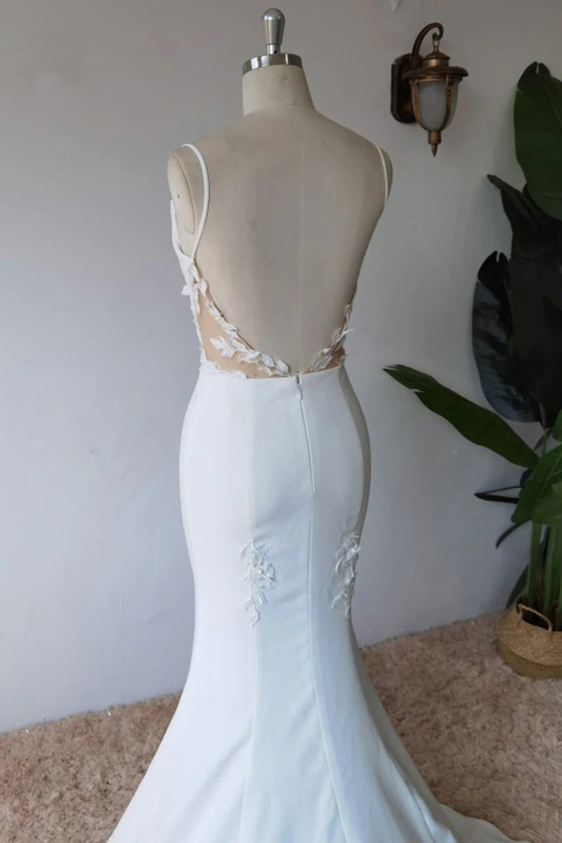 Robe de mariée modeste sirène en satin avec fines bretelles spaghetti simples
