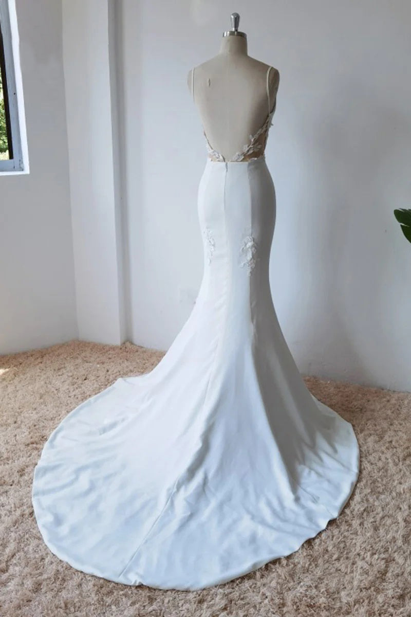 Robe de mariée modeste sirène en satin avec fines bretelles spaghetti simples
