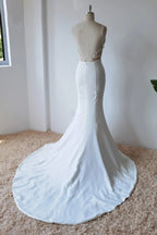 Robe de mariée modeste sirène en satin avec fines bretelles spaghetti simples