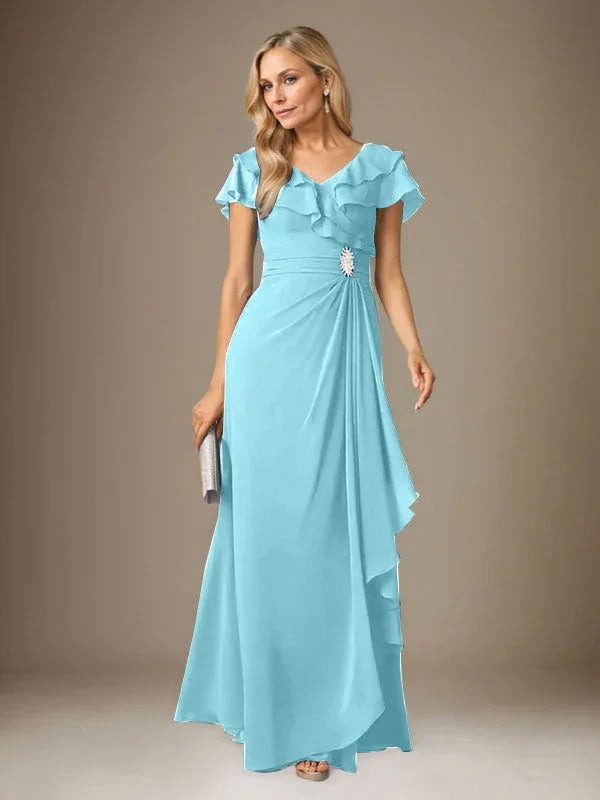 Vestido tormentoso de gasa con escote en V y fruncido en línea A