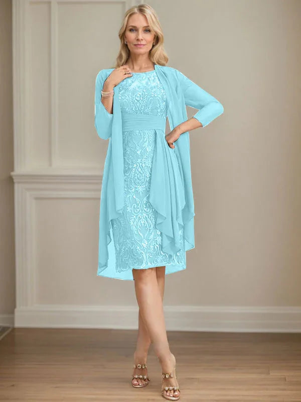 Abito da madre della sposa in pizzo e chiffon con gonna a colonna a effetto illusion fino al ginocchio, con balze a cascata e paillettes