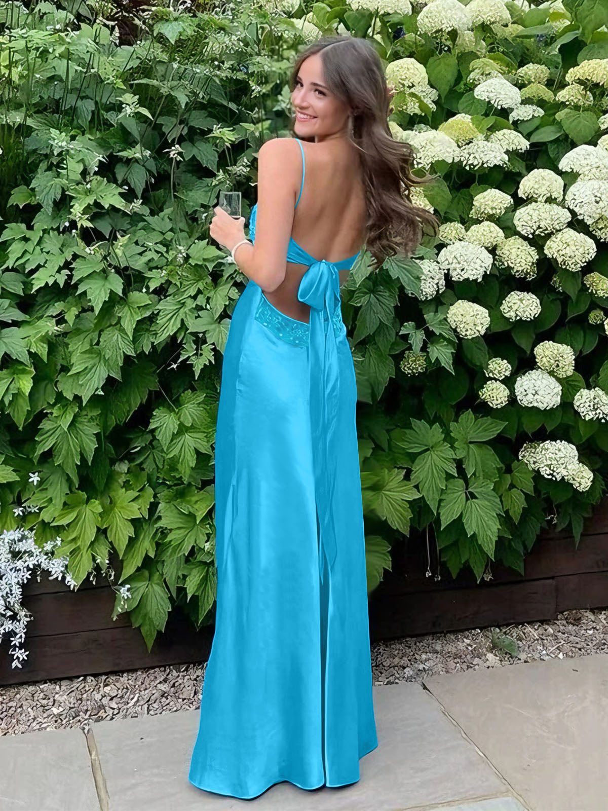 Blue A Line V Neck Beaded Back Tie Long Prom Dress