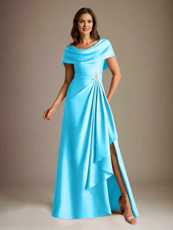 Robe de mère de la mariée en satin extensible, longueur au sol, coupe en A avec encolure dégagée et volants en cascade