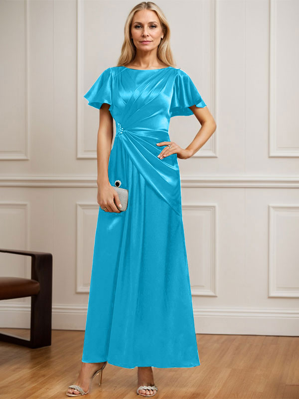 Robe de mère de la mariée en satin extensible, longueur cheville, en ligne A, décolleté arrondi, ornée de perles plissées