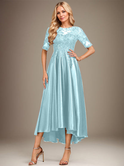 A-Linie, U-Ausschnitt, Illusion, asymmetrisch, Stretch-Satin, Spitze, Kleid für die Brautmutter mit Pailletten 