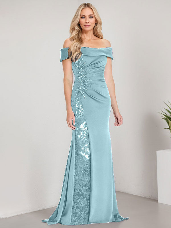 Robe de mère de la mariée longue jusqu'au sol, ligne A, épaules dénudées, appliques et perles, robe sirène avec fente haute