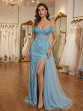 Sky Blue Beaded Tulle Prom Dress With Corset Bodice