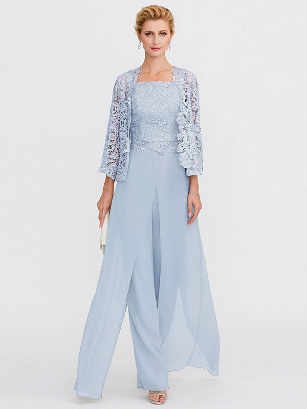 3 Piece Chiffon Square Neck Mother of the Bride Pantsuits with Jacket