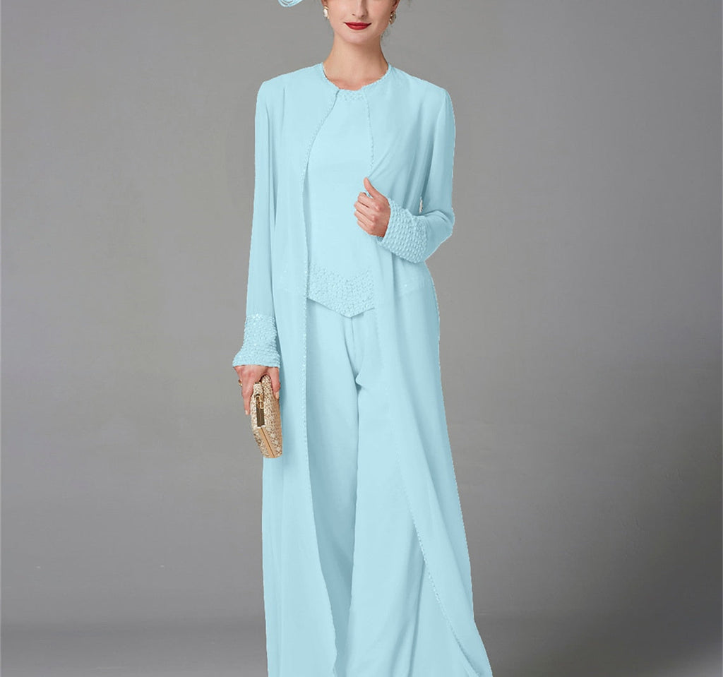 Mother Of The Bride Pantsuit With Jacket And Sequins Long Sleeve Chiffon