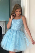 Sky Blue A-line Spaghetti Straps Lace Appliqued Short Homecoming Dress