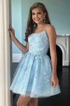 Sky Blue A-line Spaghetti Straps Lace Appliqued Short Homecoming Dress