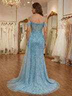 Sky Blue Beaded Tulle Prom Dress With Corset Bodice